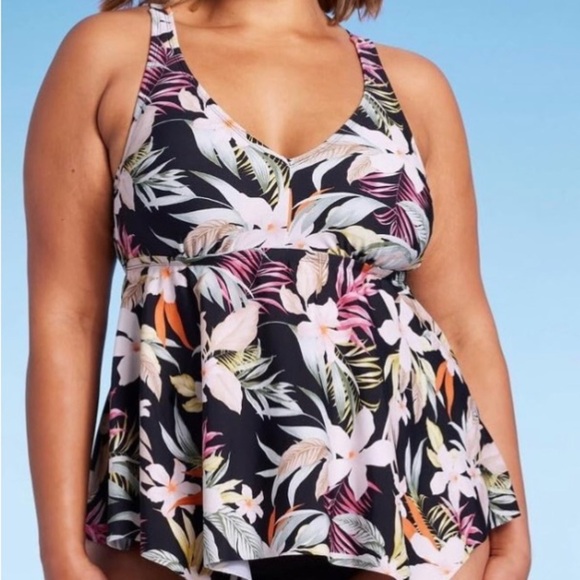 Kona Sola Women's Tankini Top 1X Black Floral Hawaiian Print Plunge V Neckline - Picture 1 of 13
